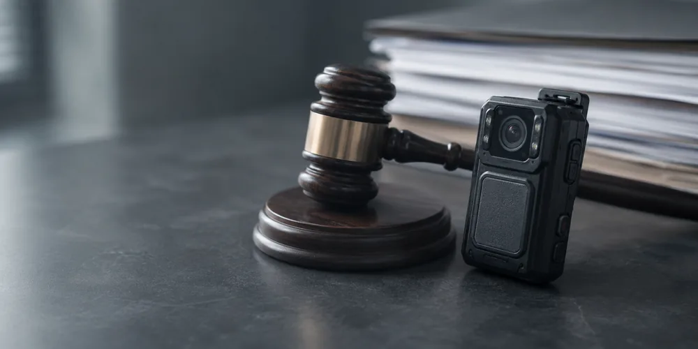 Judge's gavel beside a body camera on a desk