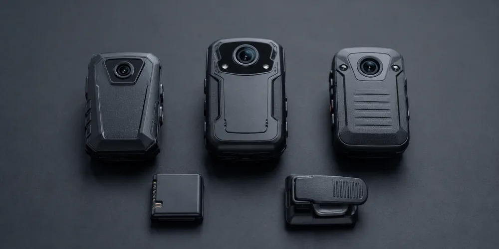 Three body camera models with a spare battery and belt clip