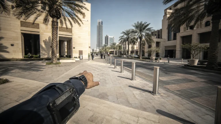 Chest-mounted body camera showing the 140-degree wide-angle view along a UAE street
