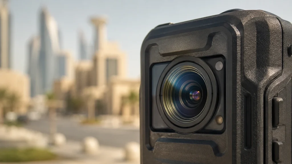 Body-worn camera lens recording in 4K with a Dubai skyline blurred behind