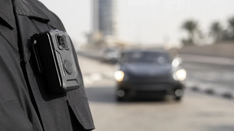Body camera on a patrol officers uniform capturing an approaching vehicle for plate recognition