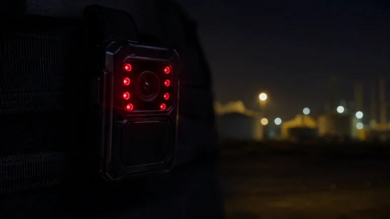 Body camera infrared LEDs lit in darkness at an industrial site at night
