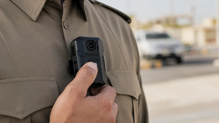 Officer pressing the record button on a chest-mounted body camera