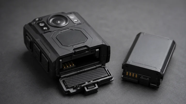 Body camera with its battery compartment open beside a spare swappable battery