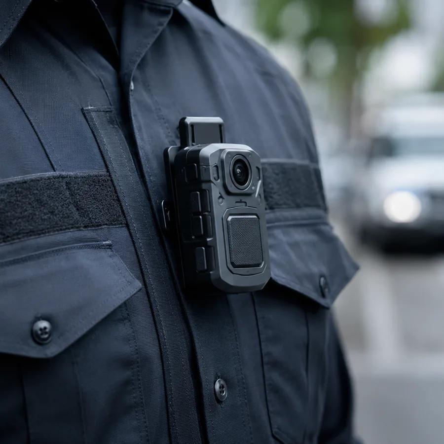Police officer wearing a chest-mounted body camera on patrol