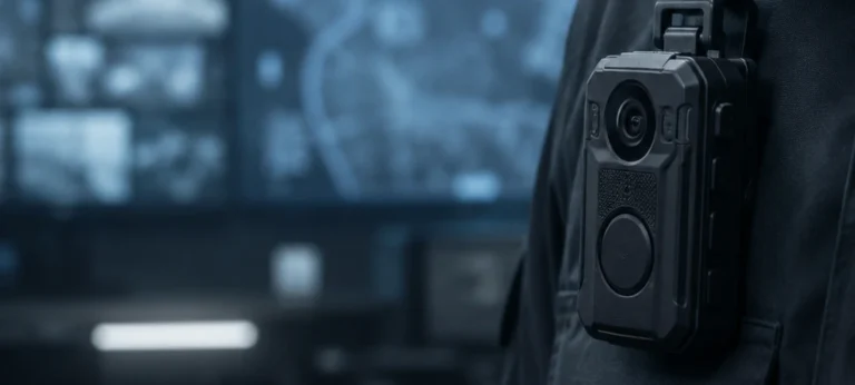 Body-worn camera clipped to an officer uniform in front of a command centre monitor wall