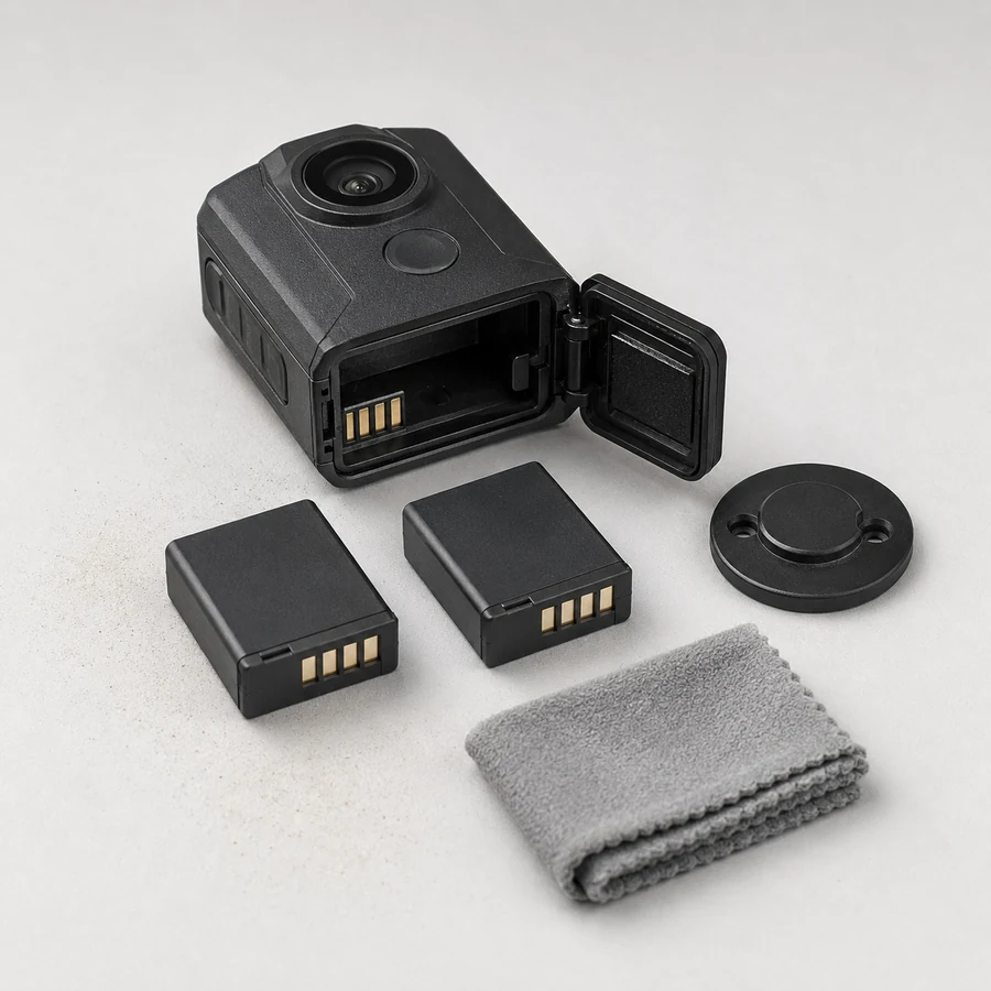 A body camera with its battery door open beside two spare batteries, a mount plate and a cleaning cloth