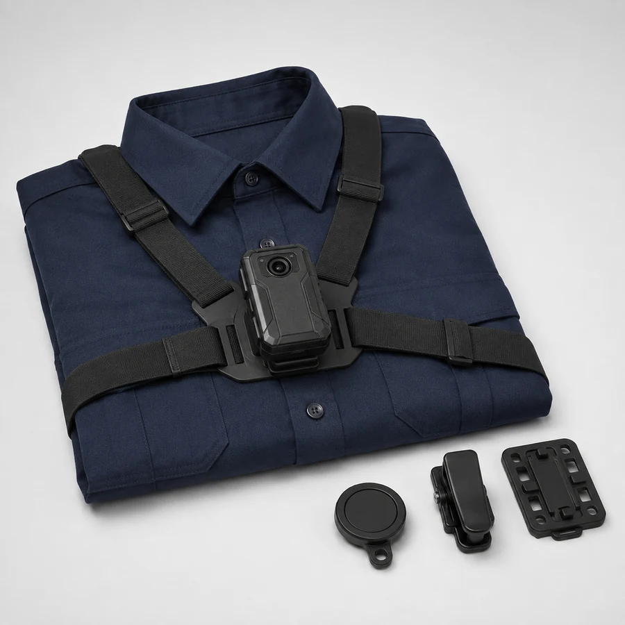A body camera fitted to a chest harness laid over a folded navy uniform shirt, with magnet, clip and plate mounts alongside