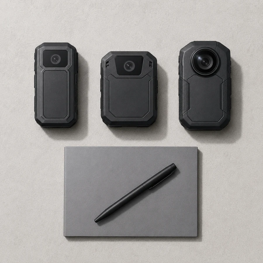 Three different body camera models laid out side by side beside a notebook and pen for comparing specifications