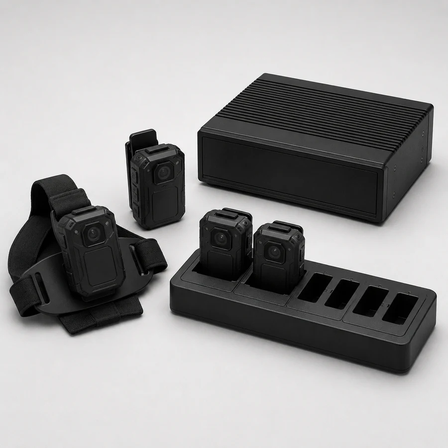 Body cameras, a chest harness, a multi-bay docking station and a storage unit supplied together as one order