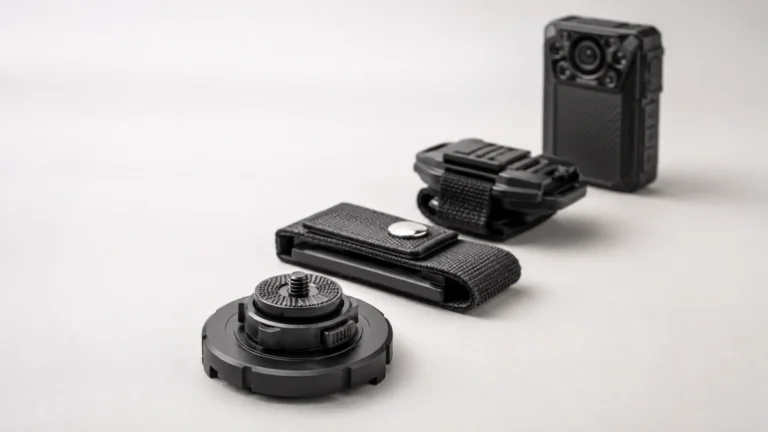 Body camera with a shoulder harness, belt clip and rotating mount plate on a light surface