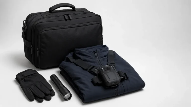 Body camera on a chest harness with a folded crew jacket, gloves, torch and response bag