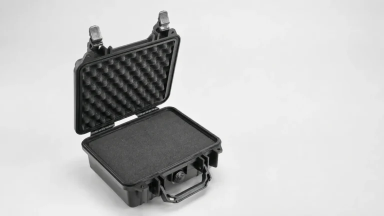 Open hard transport case with foam lining for body cameras, spares and mounts