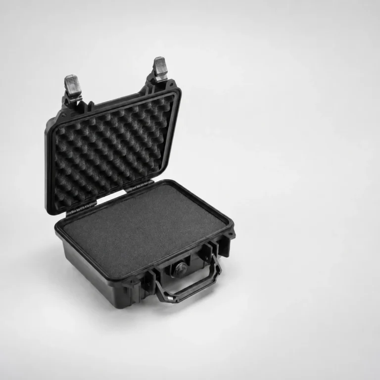 Hard body camera transport case with cut foam, shown open
