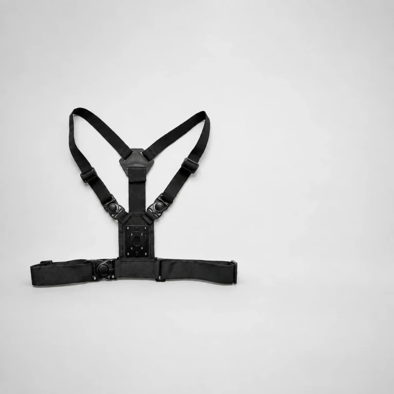 Body camera chest harness with straps over both shoulders and around the ribs