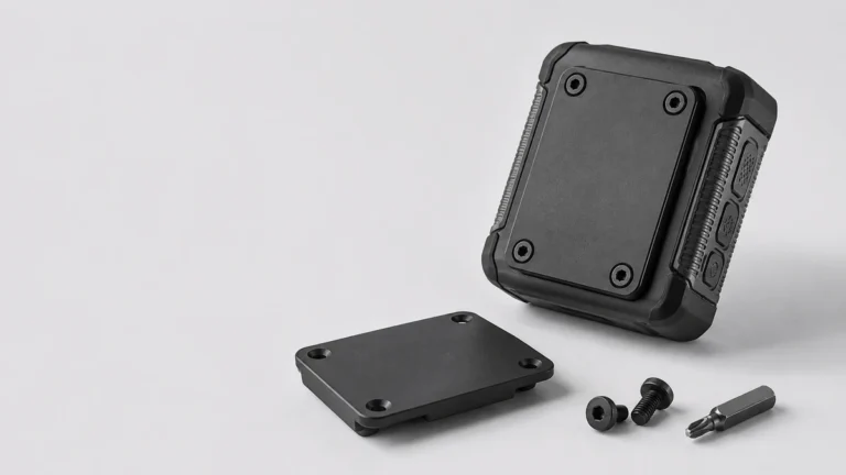Body camera with its back plate removed, shown beside the plate, its screws and a driver bit