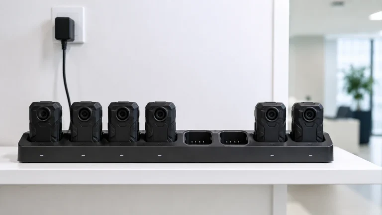 Six body cameras seated in a multi-bay docking station with status lights showing on each occupied bay