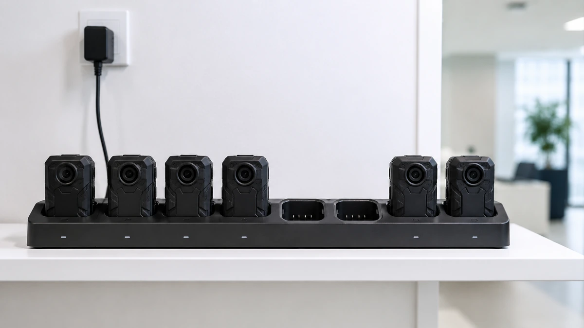 Six body cameras seated in a multi-bay docking station with status lights showing on each occupied bay