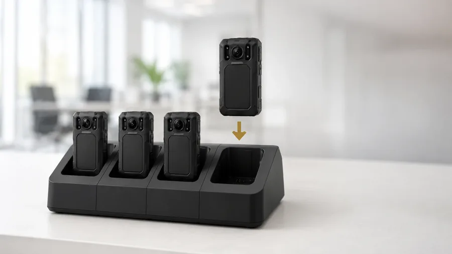 Body cameras in a multi-bay docking station, supplied and configured in Dubai