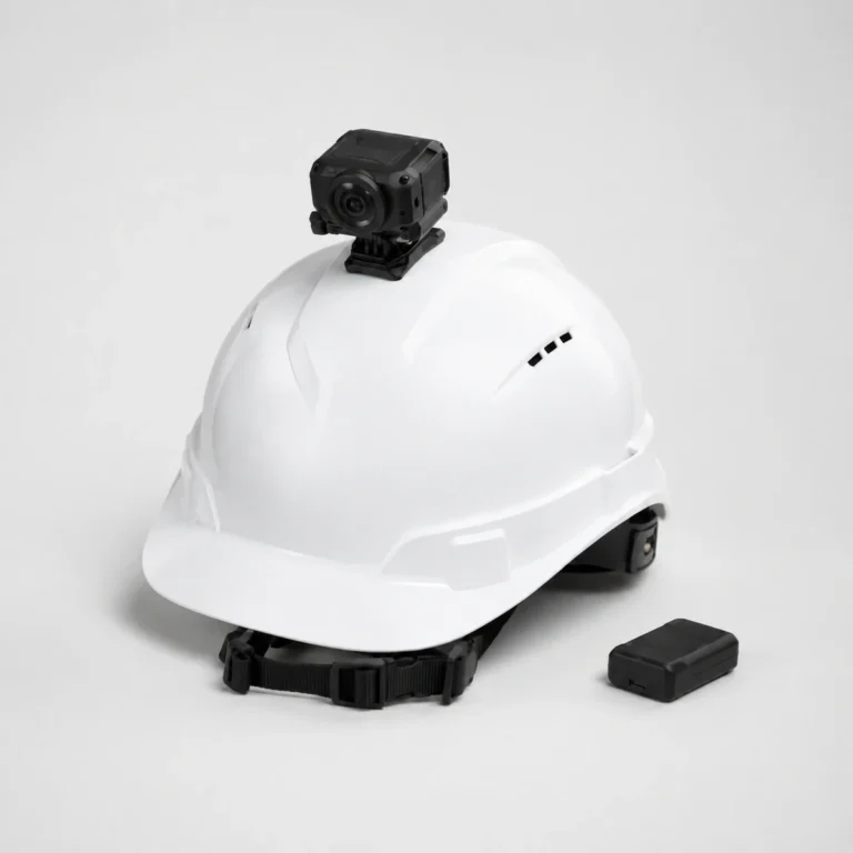 Body camera mounted on the top of a white safety helmet