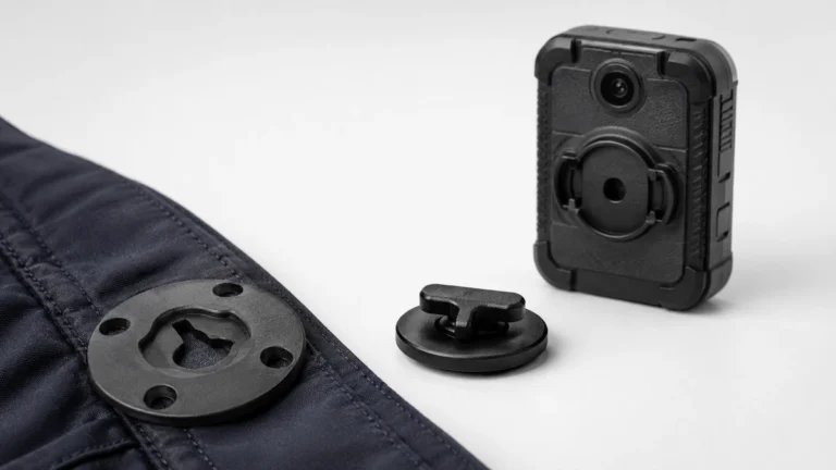 Klick Fast dock plate fitted to a uniform, a stud, and a body camera with its receiving socket