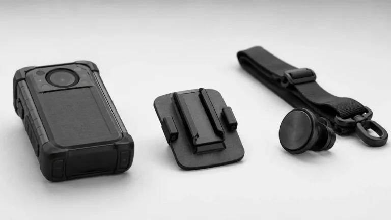 Body camera beside a manufacturer clip fitting and a strap mount