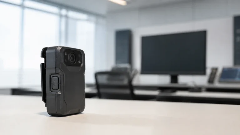 Body-worn camera standing on a control room desk with an operator monitor out of focus behind it