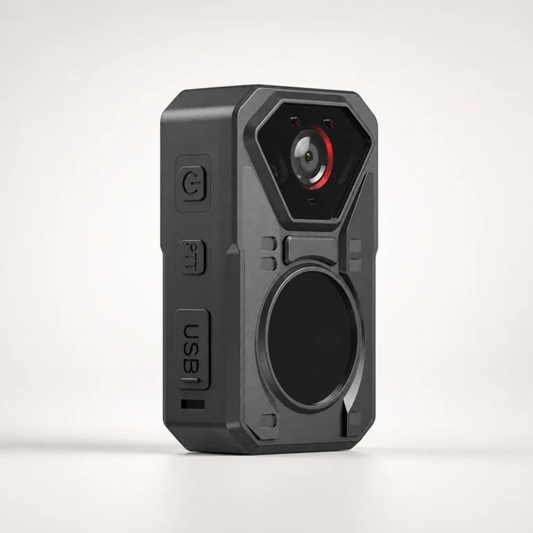 Xignal M520 4G body worn camera, three quarter view showing the power key, the PTT push to talk key and the USB port cover