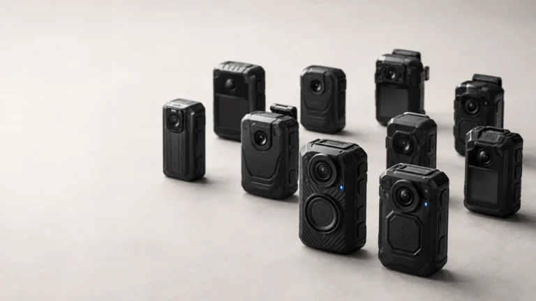 The body-worn camera range supplied by BodyCamera.ae arranged on a light grey surface