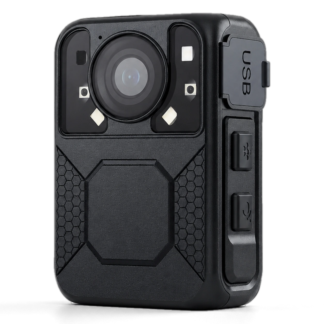Body-worn camera front view showing the lens, infrared LEDs and USB port cover