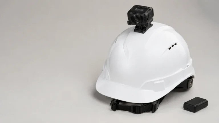 Camera mounted on the front of a white safety helmet, with a spare battery alongside