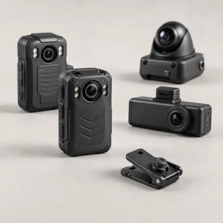 Two body-worn cameras, a vehicle PTZ dome camera, a dash camera and a mount clip arranged on a light surface