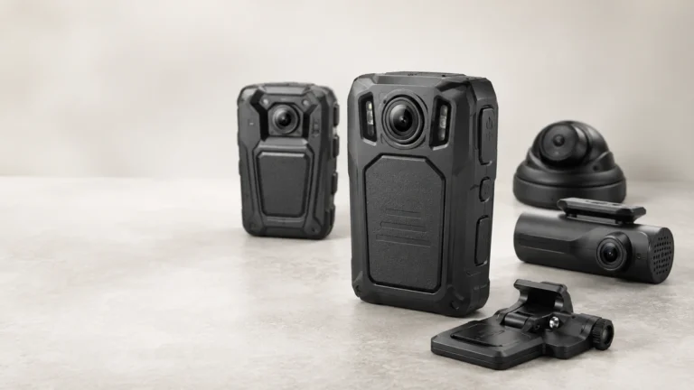Two body-worn cameras with a dome camera, a dash camera and a mount clip on a light surface
