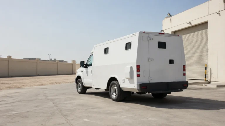 Armoured cash-in-transit vehicle parked at a loading bay