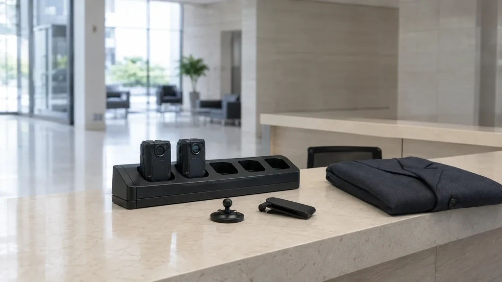 Body cameras in a docking station on a building reception counter with a magnetic mount, belt clip and folded uniform jacket