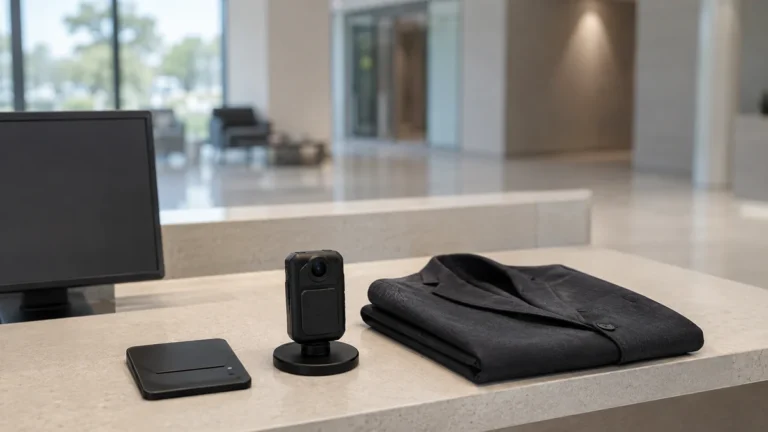 Body camera on a charging dock beside a folded uniform jacket on a building reception counter