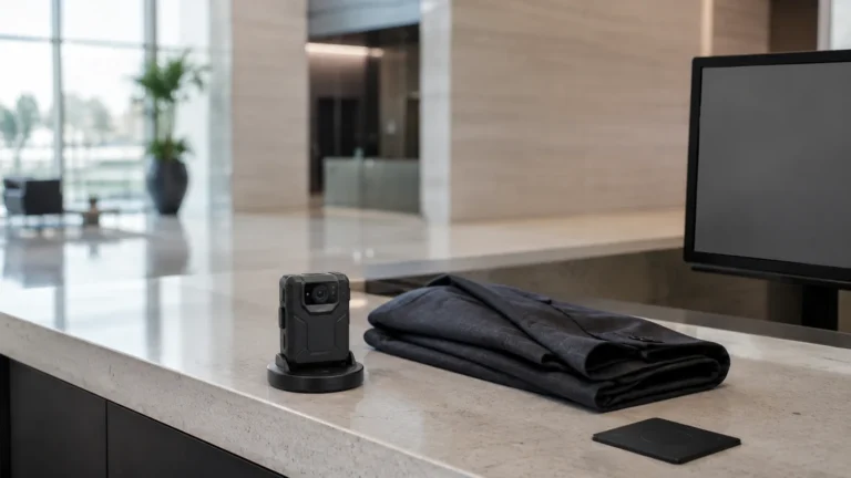 Body camera on a charging dock at a commercial building reception