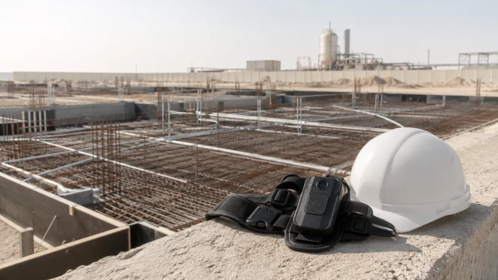 Body camera on a chest harness and a safety helmet beside reinforcement steel on a construction site