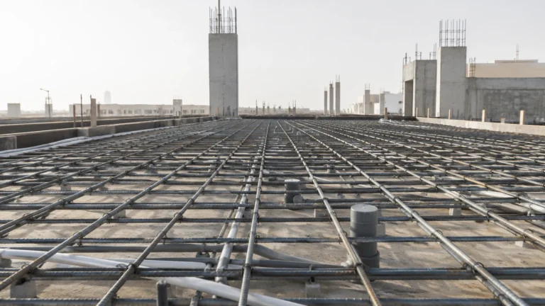 Reinforcement steel laid across a slab on a construction site with concrete cores behind
