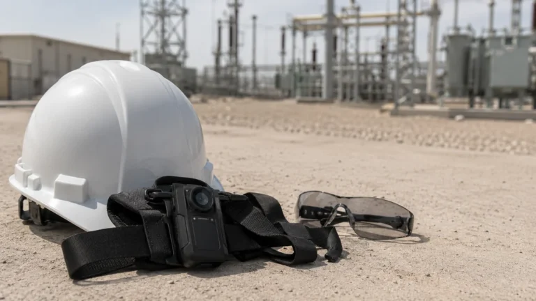 Body camera on a chest harness beside a hard hat and safety glasses at an electrical substation