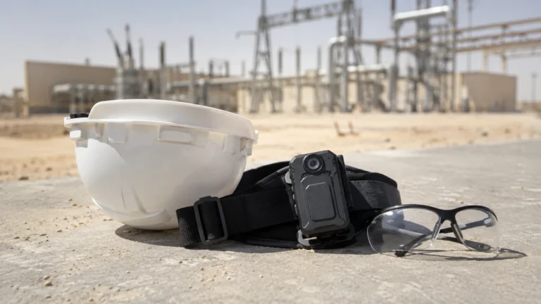 Body camera and hard hat on a chest harness at an industrial site