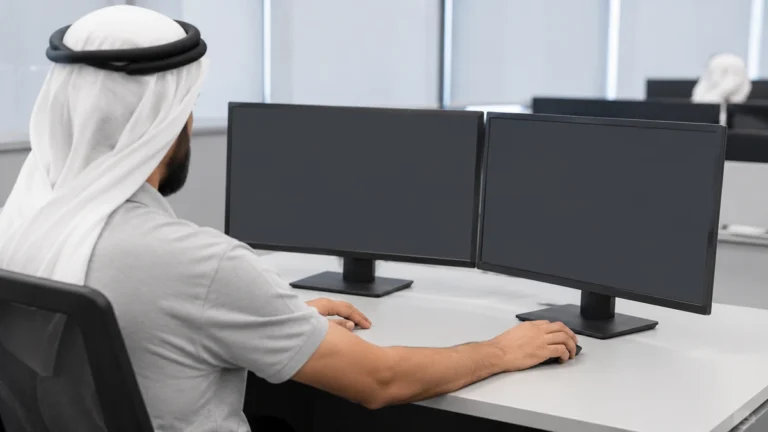Control room operator in a kandura seated at a dual-monitor workstation in a UAE command centre