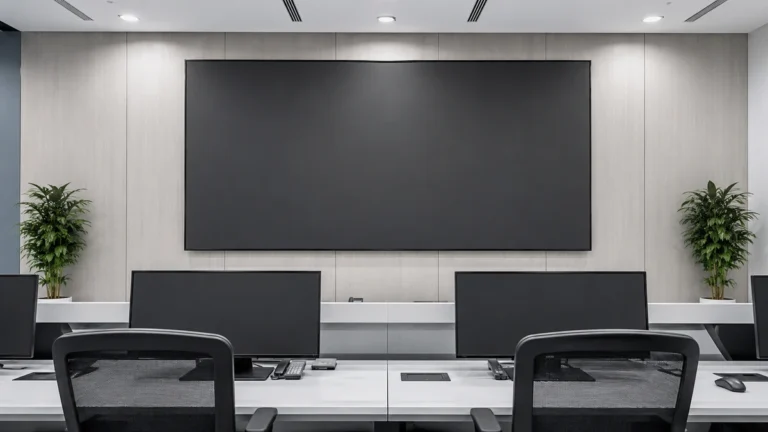 Control room with a large wall-mounted display above two operator workstations