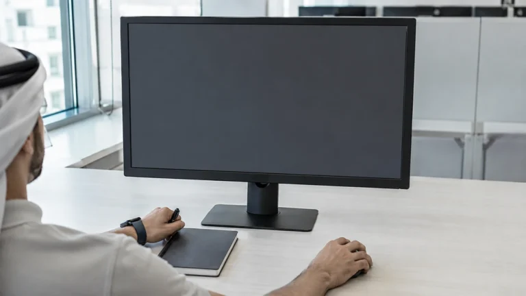 Control room operator at a single-screen workstation with a notebook and pen for logging an incident