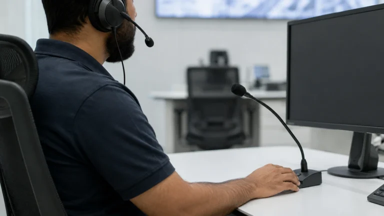 Control room operator wearing a headset, with a gooseneck intercom microphone on the desk beside the monitor