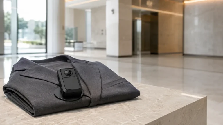 Body camera on a folded suit jacket on a marble ledge in a corporate lobby