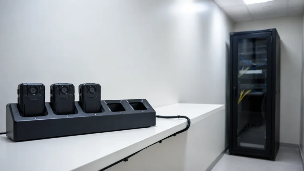 Body cameras charging in a multi bay dock, cabled through to a server cabinet in the same room