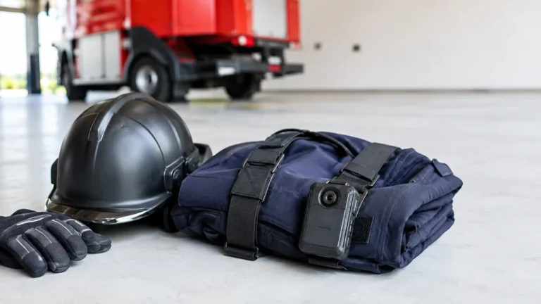 Body camera strapped to a folded fire crew jacket beside a helmet and gloves in an appliance bay