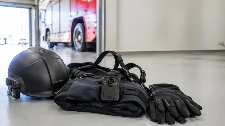 Body camera on a rescue harness with helmet and gloves beside a fire appliance
