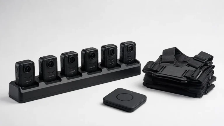 Six body cameras in a multi-bay docking station beside folded chest harnesses ready for issue